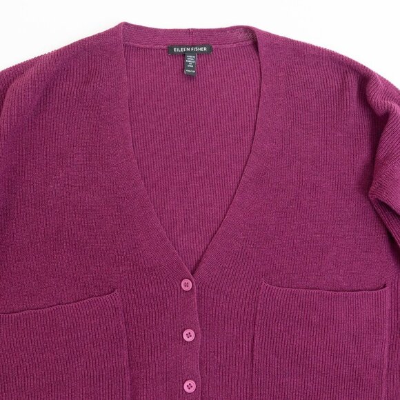 Eileen Fisher Organic Linen Cotton V-Neck Cardigan Oversized Boxy Plum Purple - Picture 4 of 14